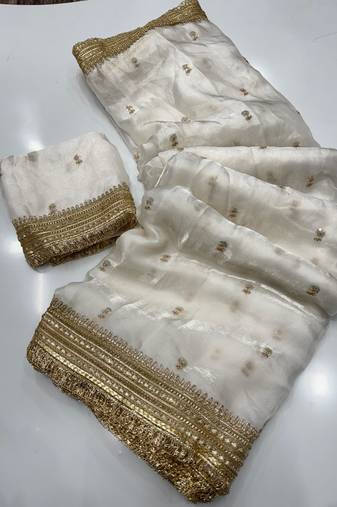 White Color Sequence  Embroidery Work Satin Saree