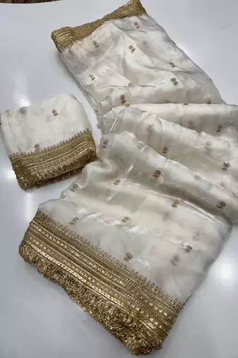 White Color Sequence  Embroidery Work Satin Saree