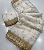 White Color Sequence  Embroidery Work Satin Saree