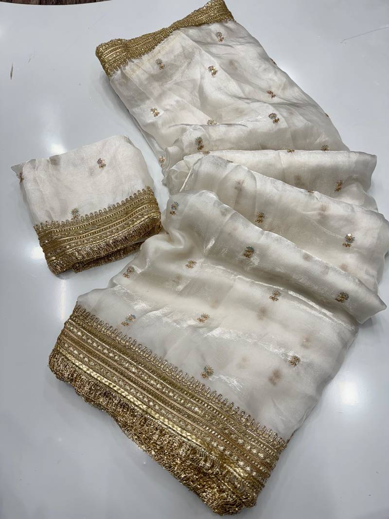 White Color Sequence  Embroidery Work Satin Saree