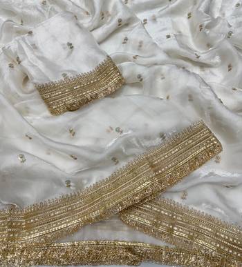 White Color Sequence  Embroidery Work Satin Saree 3