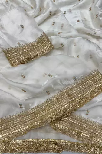 White Color Sequence  Embroidery Work Satin Saree