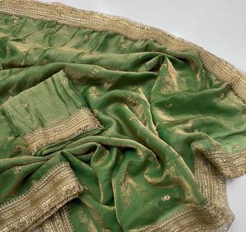 Green Color Sequence  Embroidery Work Satin Saree 2