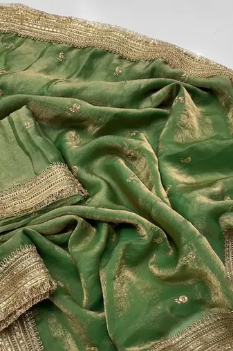 Green Color Sequence  Embroidery Work Satin Saree