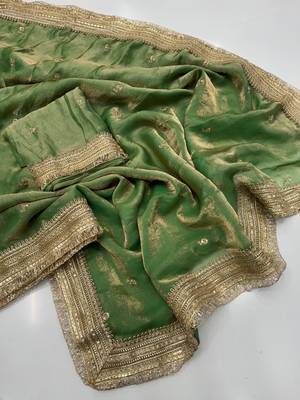 Green Color Sequence  Embroidery Work Satin Saree 3
