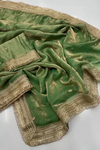 Green Color Sequence  Embroidery Work Satin Saree