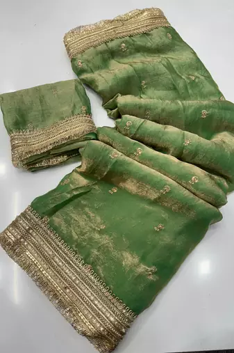 Green Color Sequence  Embroidery Work Satin Saree