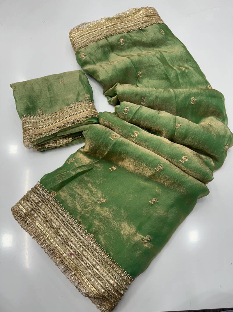 Green Color Sequence  Embroidery Work Satin Saree