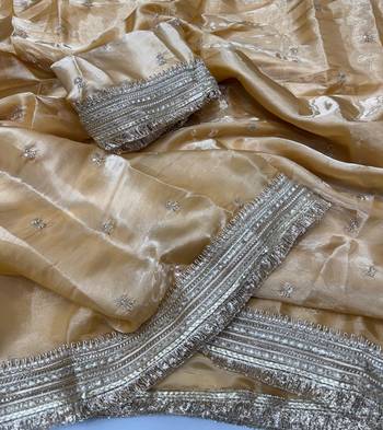 Cream Color Sequence  Embroidery Work Satin Saree 2