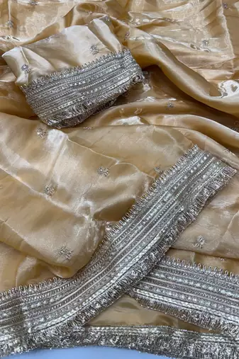 Cream Color Sequence  Embroidery Work Satin Saree