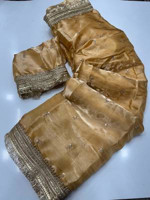 Cream Color Sequence  Embroidery Work Satin Saree 1