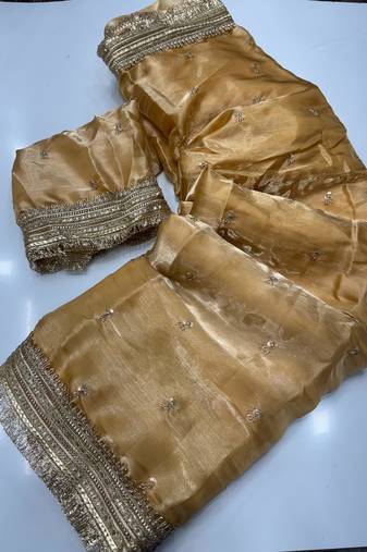 Cream Color Sequence  Embroidery Work Satin Saree