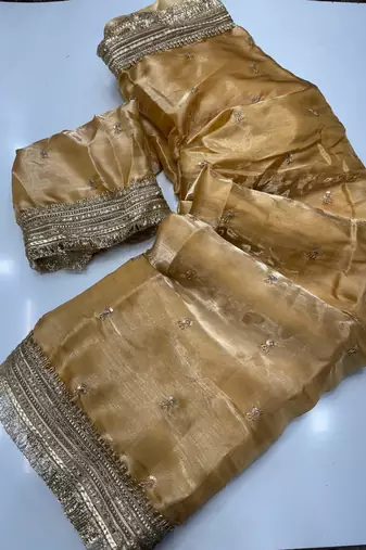 Cream Color Sequence  Embroidery Work Satin Saree