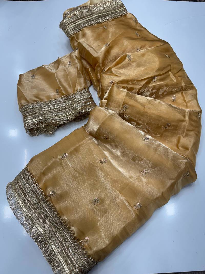 Cream Color Sequence  Embroidery Work Satin Saree