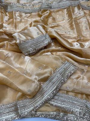 Cream Color Sequence  Embroidery Work Satin Saree 3