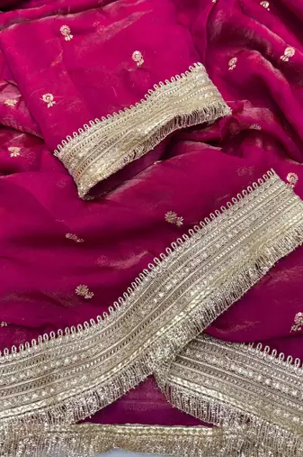 Plum Color Sequence  Embroidery Work Satin Saree