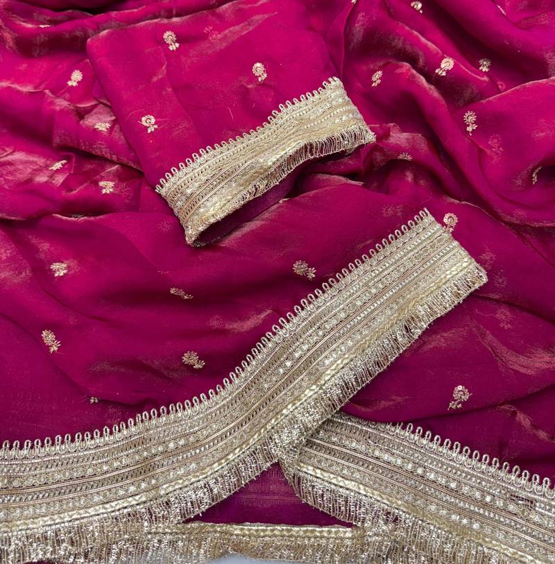 Plum Color Sequence  Embroidery Work Satin Saree