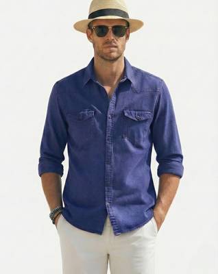 Men's solid blue denim casual shirt with dual flap pockets | regular fit | full sleeve stylish denim shirt 5