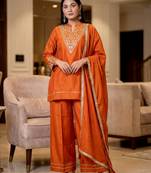Orange embroidered chanderi kurta set with dupatta & pant for women