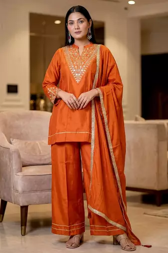 Orange embroidered chanderi kurta set with dupatta & pant for women