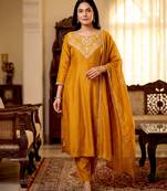 Mustard  a-line vichitra silk embroidered kurta set with dupatta & pant