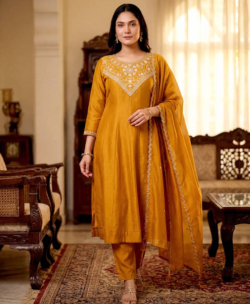 Mustard  a-line vichitra silk embroidered kurta set with dupatta & pant