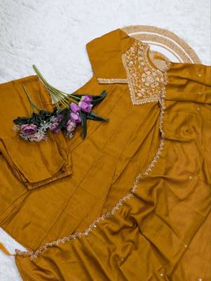 Mustard a-line vichitra silk blend embroidered kurta set with dupatta & pant 2
