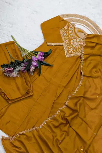 Mustard a-line vichitra silk blend embroidered kurta set with dupatta & pant