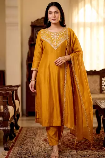 Mustard a-line vichitra silk blend embroidered kurta set with dupatta & pant