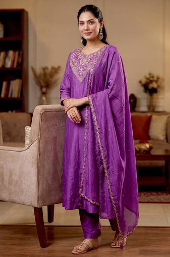 Purple a-line vichitra silk embroidered kurta set with dupatta & pant