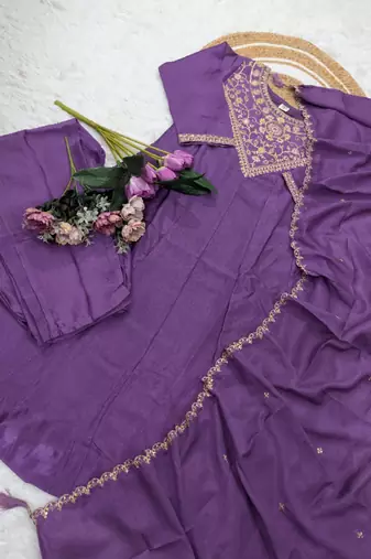 Purple a-line vichitra silk embroidered kurta set with dupatta & pant