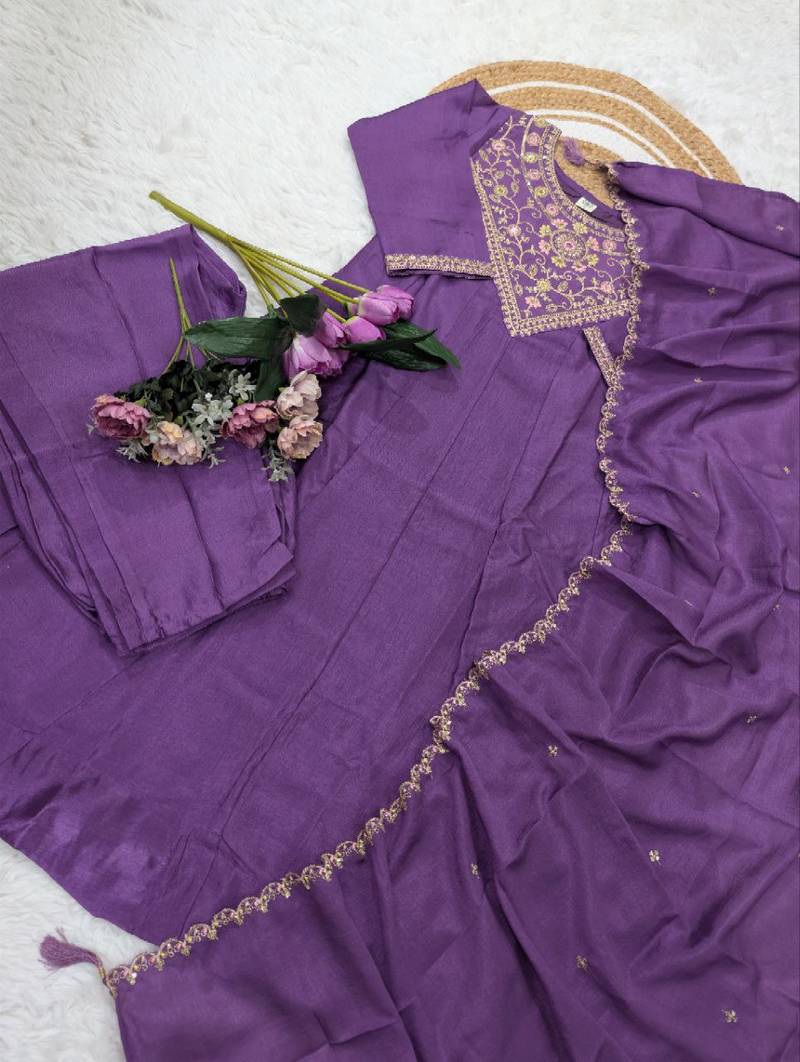 Purple a-line vichitra silk embroidered kurta set with dupatta & pant