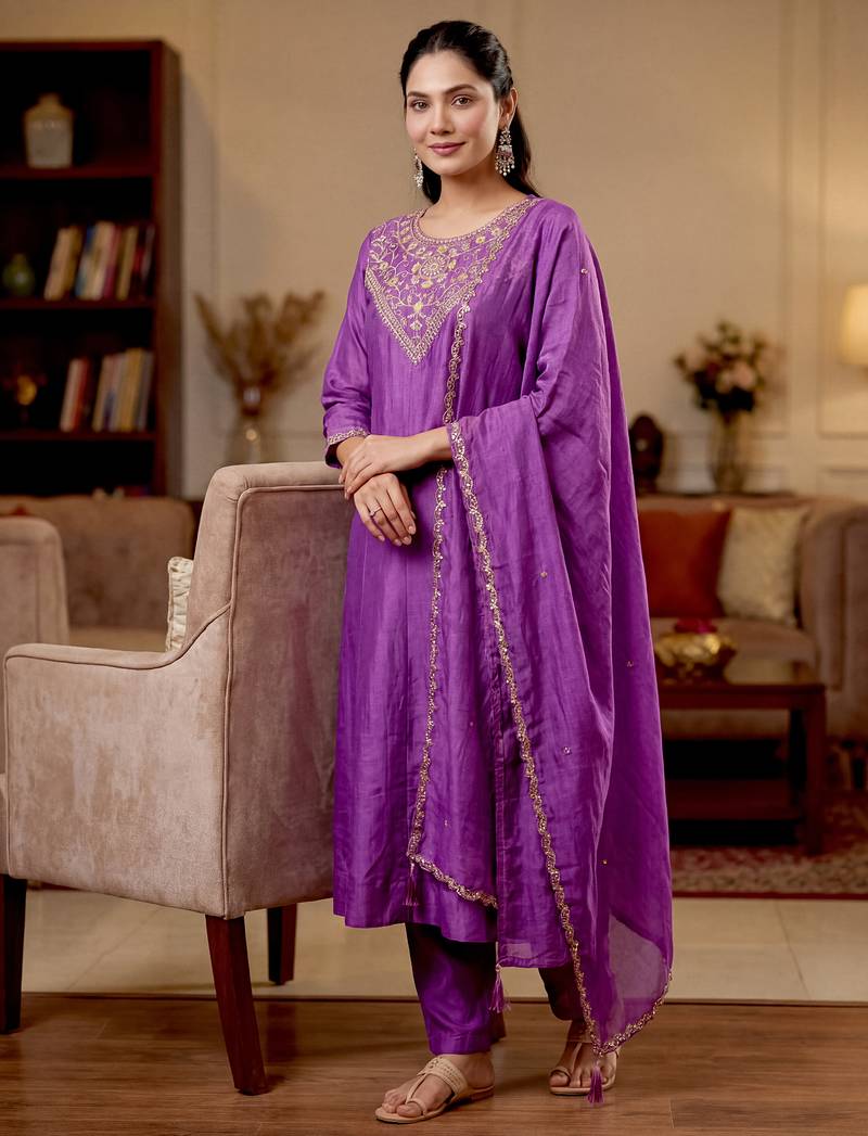 Purple a-line vichitra silk embroidered kurta set with dupatta & pant
