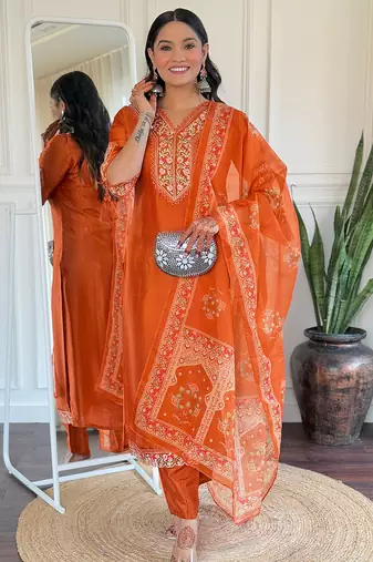Rust embroidered viscose straight kurta set with printed dupatta & pant for women