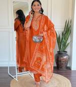 Rust embroidered viscose straight kurta set with printed dupatta & pant for women
