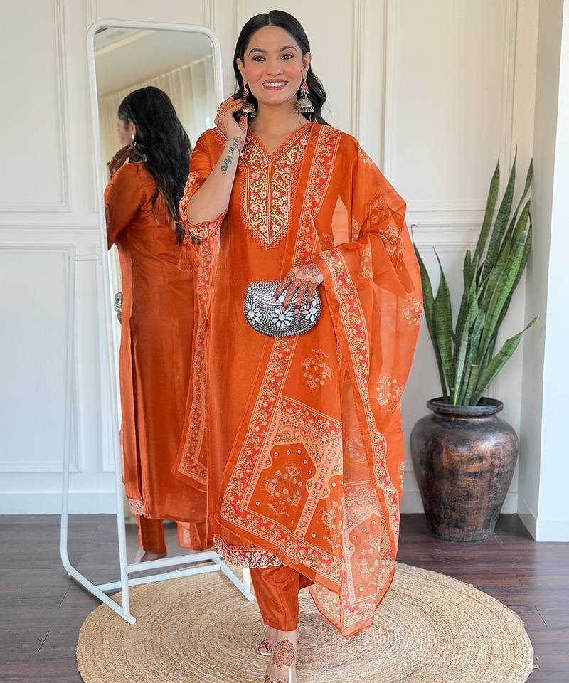 Rust embroidered viscose straight kurta set with printed dupatta & pant for women