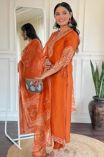 Rust embroidered viscose straight kurta set with printed dupatta & pant for women