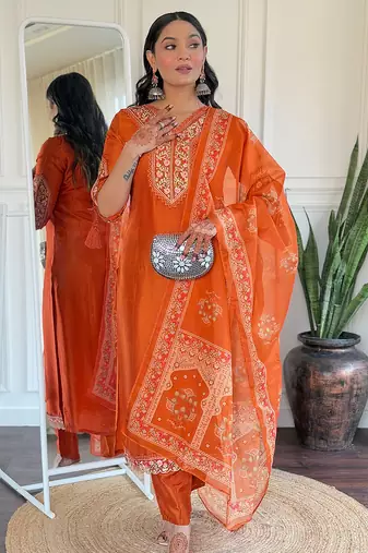 Rust embroidered viscose straight kurta set with printed dupatta & pant for women