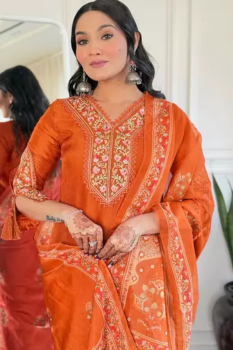 Rust embroidered viscose straight kurta set with printed dupatta & pant for women