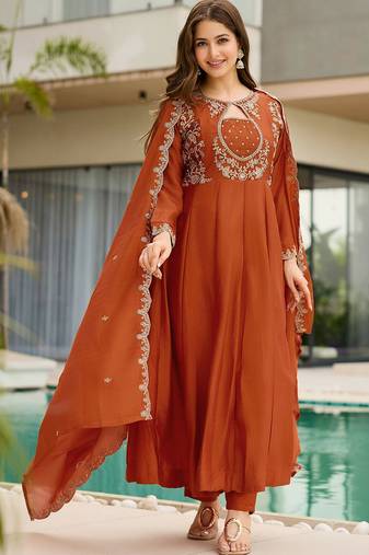 Rust embroidered anarkali vichitra silk kurta set with dupatta & pant