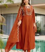 Rust embroidered anarkali vichitra silk kurta set with dupatta & pant