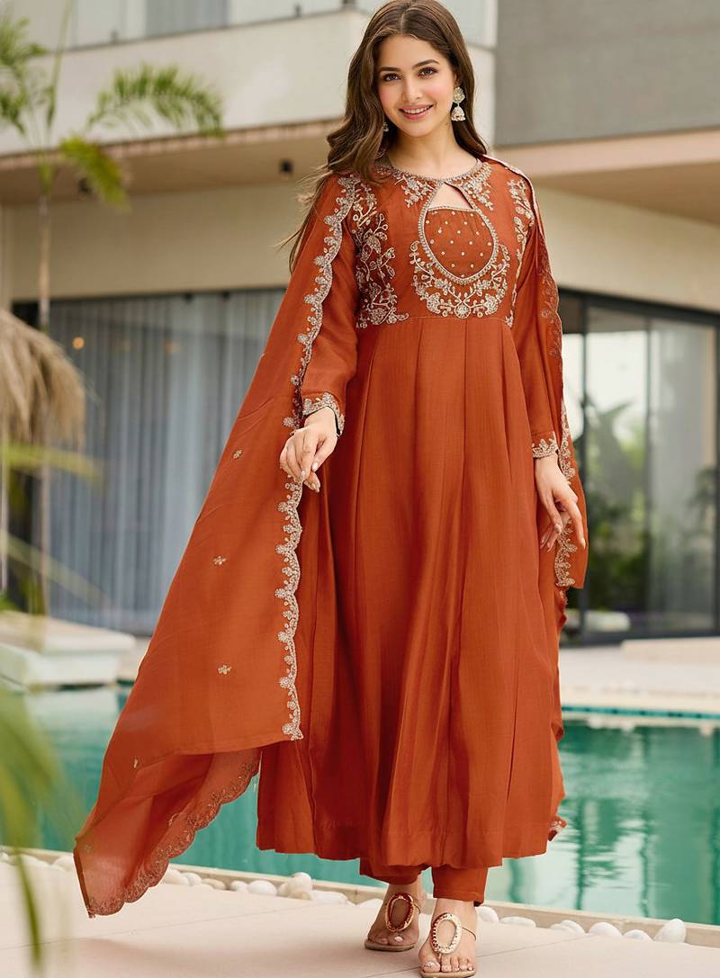 Rust embroidered anarkali vichitra silk kurta set with dupatta & pant