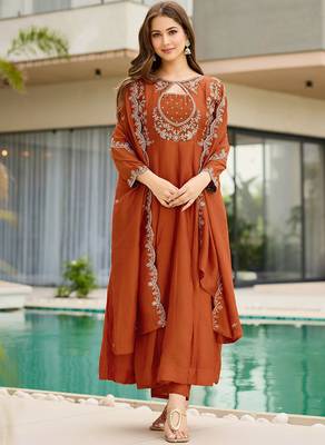 Rust embroidered anarkali vichitra silk kurta set with dupatta & pant 2