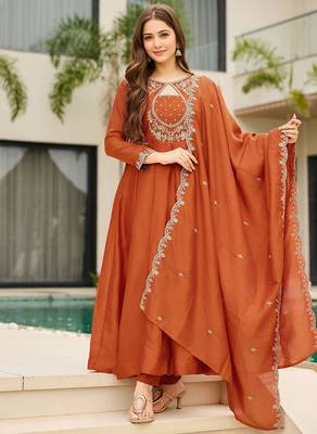 Rust embroidered anarkali vichitra silk kurta set with dupatta & pant 3