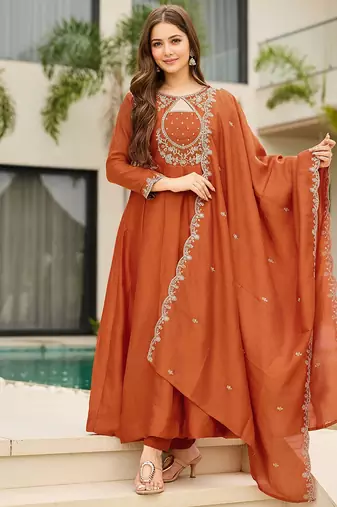 Rust embroidered anarkali vichitra silk kurta set with dupatta & pant
