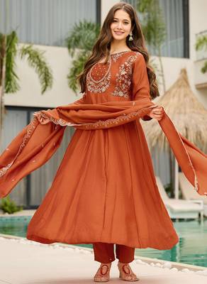 Rust embroidered anarkali vichitra silk kurta set with dupatta & pant 4