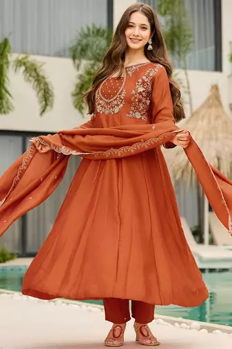 Rust embroidered anarkali vichitra silk kurta set with dupatta & pant