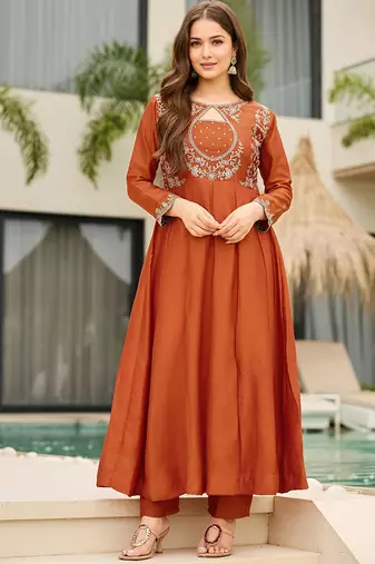 Rust embroidered anarkali vichitra silk kurta set with dupatta & pant