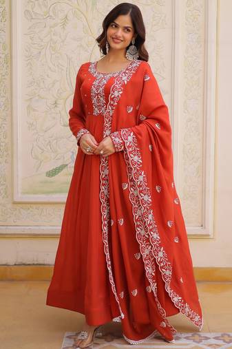 Sweet Rust Orange Bead Work Chanderi Wedding Wear Gown With Dupatta