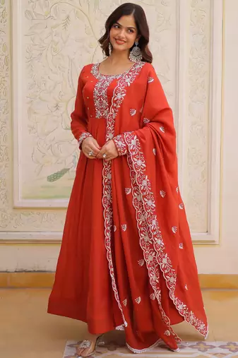 Sweet Rust Orange Bead Work Chanderi Wedding Wear Gown With Dupatta
